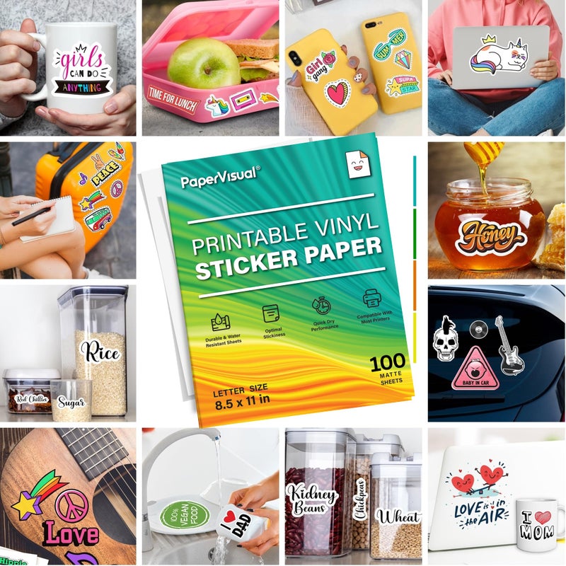 PAPERVISUAL Premium Printable Vinyl Sticker Paper for Inkjet and Laser Printer - 100 White Matte Sticker Paper Waterproof - Excellent Adhesion Paper 8.5 x 11, Fast Dry, Holds Ink Well, Great for Cutting Machines - Image 5